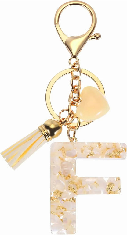 Letter F Keychain Charm with Tassel and Lobster Clasp for Bag Purse Keys, Pearl White and Gold, Daily Comfort Use Kemu |Fashion Home Kitchen Beauty