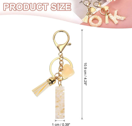 Tassel Keychain with Resin Bar Pendant and Lobster Clasp for Bag Purse Car Keys, Gold White, Letter I Option, Daily Comfort Use Kemu |Fashion Home Kitchen Beauty