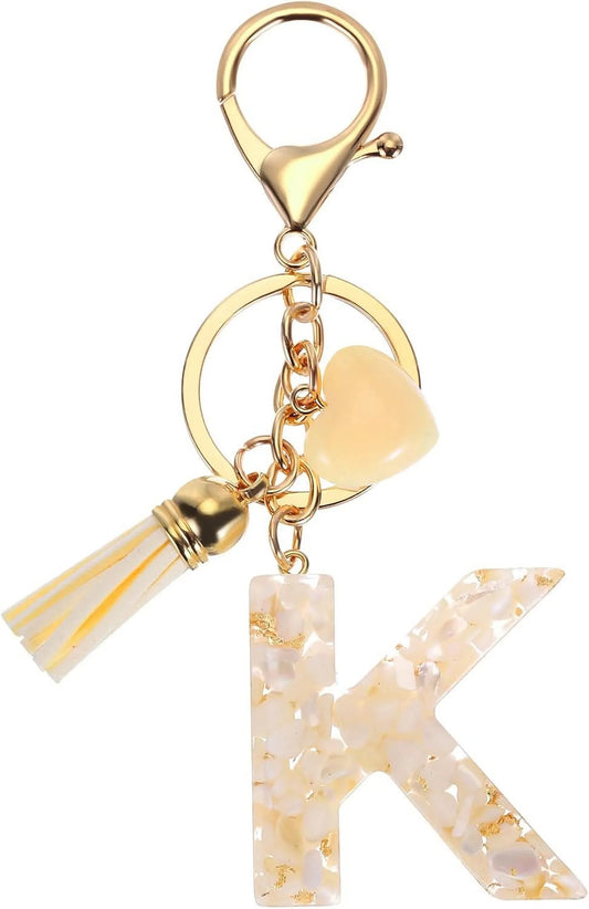 Letter K Keychain Charm with Tassel and Marbled Pendant for Bag Purse Keys, Cream Gold, Daily Comfort Use, for Men Women and Everyday Wear Kemu |Fashion Home Kitchen Beauty