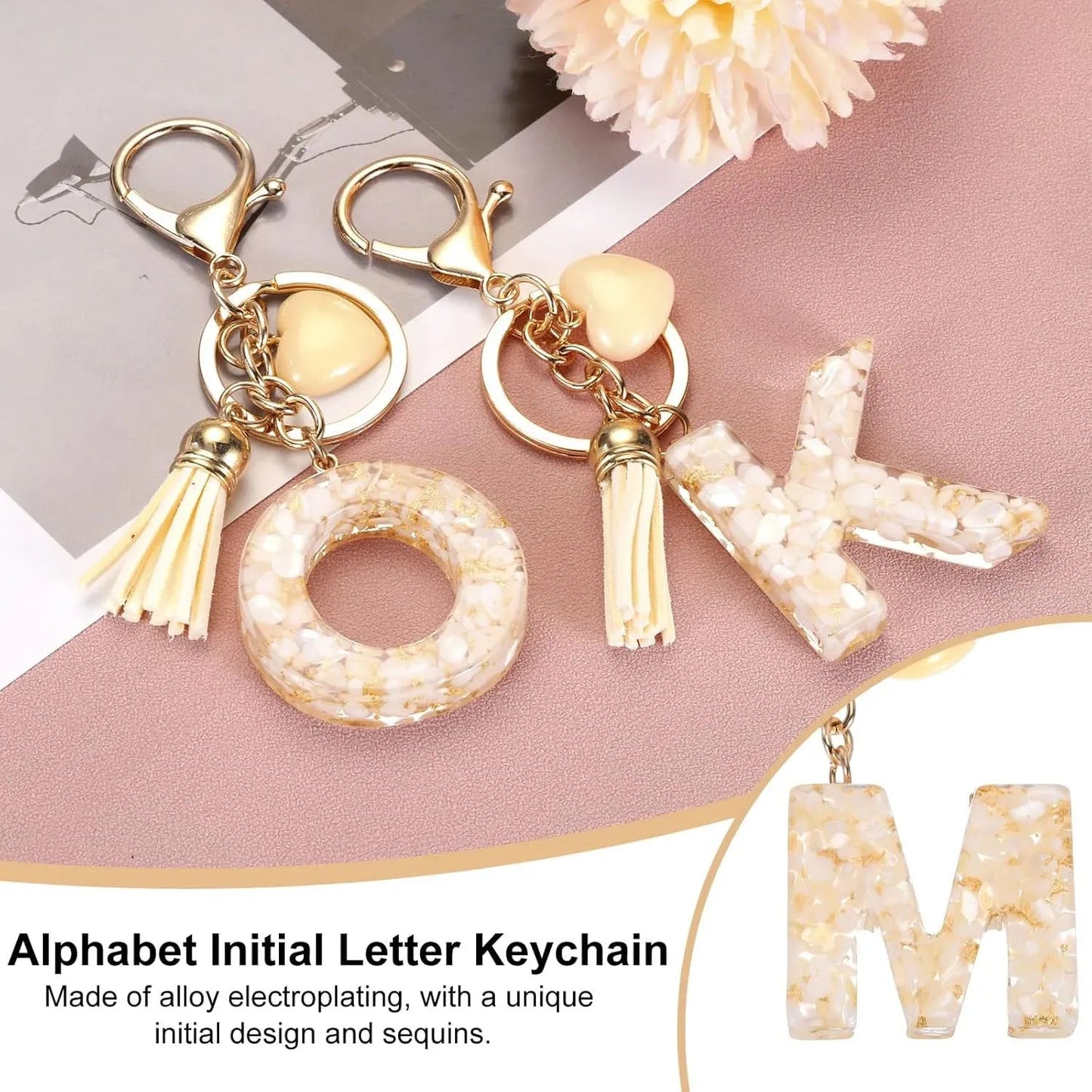 Initial Letter Keychain with Tassel and Gold Tone Clasp for Bags and Keys Cream Gold M, Letter M Option, Daily Comfort Use Kemu |Fashion Home Kitchen Beauty