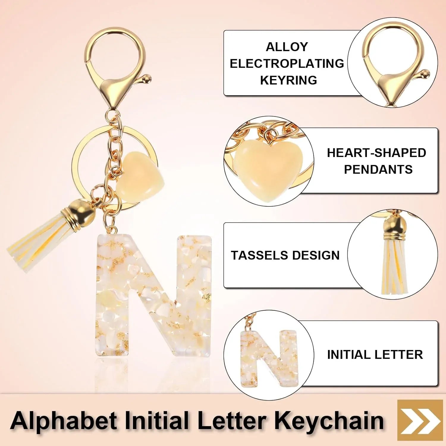 Initial Letter Resin Keychain with Tassel and Lobster Clasp for Bag Purse Backpack Accessories, N Gold Tone, Daily Comfort Use Kemu |Fashion Home Kitchen Beauty