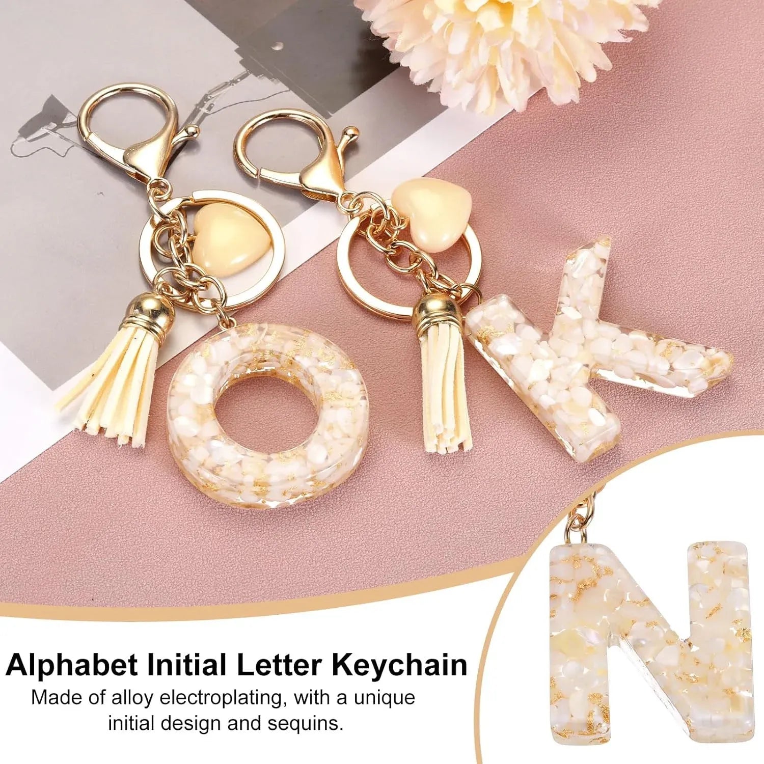 Initial Letter Resin Keychain with Tassel and Lobster Clasp for Bag Purse Backpack Accessories, N Gold Tone, Daily Comfort Use Kemu |Fashion Home Kitchen Beauty