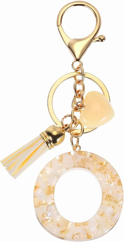 Resin Circle Keychain with Tassel and Lobster Clasp for Women Bags and Car Keys Cream Gold Tone, Letter O Option Kemu |Fashion Home Kitchen Beauty