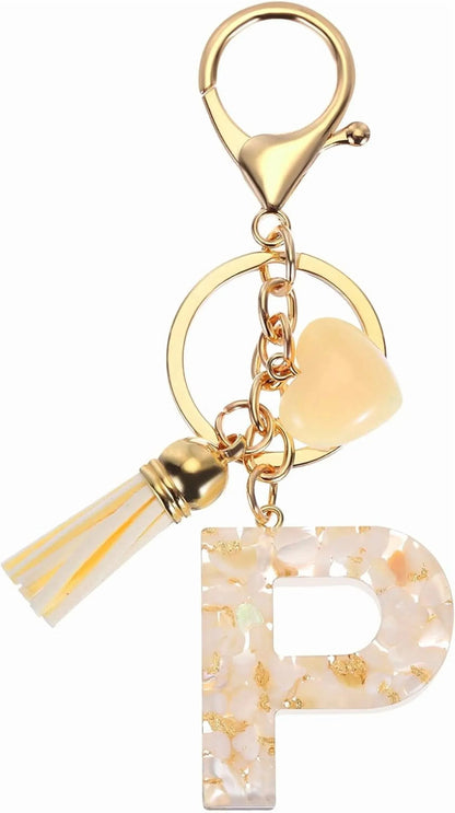 Initial P Letter Keychain, Resin Alphabet Key Ring with Tassel and Lobster Clasp for Bags Keys Purse, Gold White Kemu |Fashion Home Kitchen Beauty