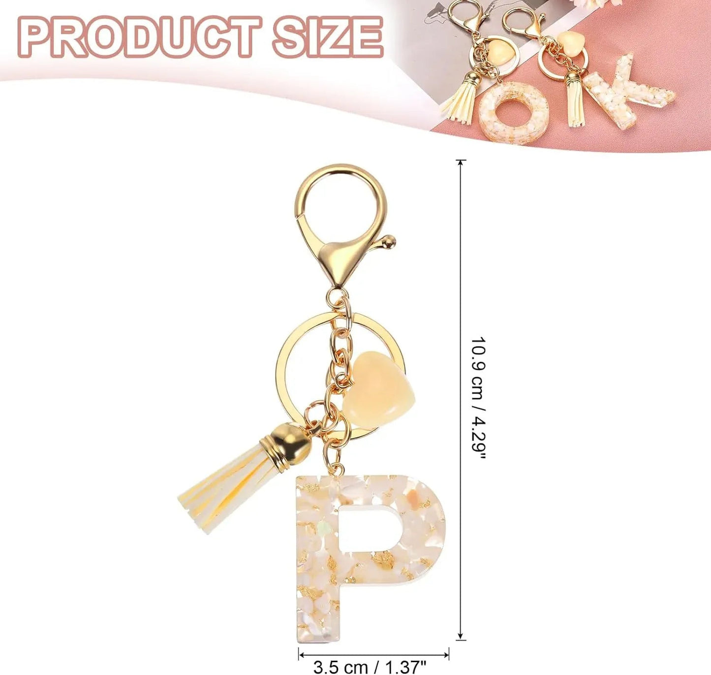 Initial P Letter Keychain, Resin Alphabet Key Ring with Tassel and Lobster Clasp for Bags Keys Purse, Gold White Kemu |Fashion Home Kitchen Beauty