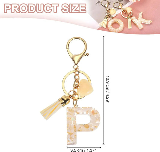 Initial P Letter Keychain, Resin Alphabet Key Ring with Tassel and Lobster Clasp for Bags Keys Purse, Gold White Kemu |Fashion Home Kitchen Beauty