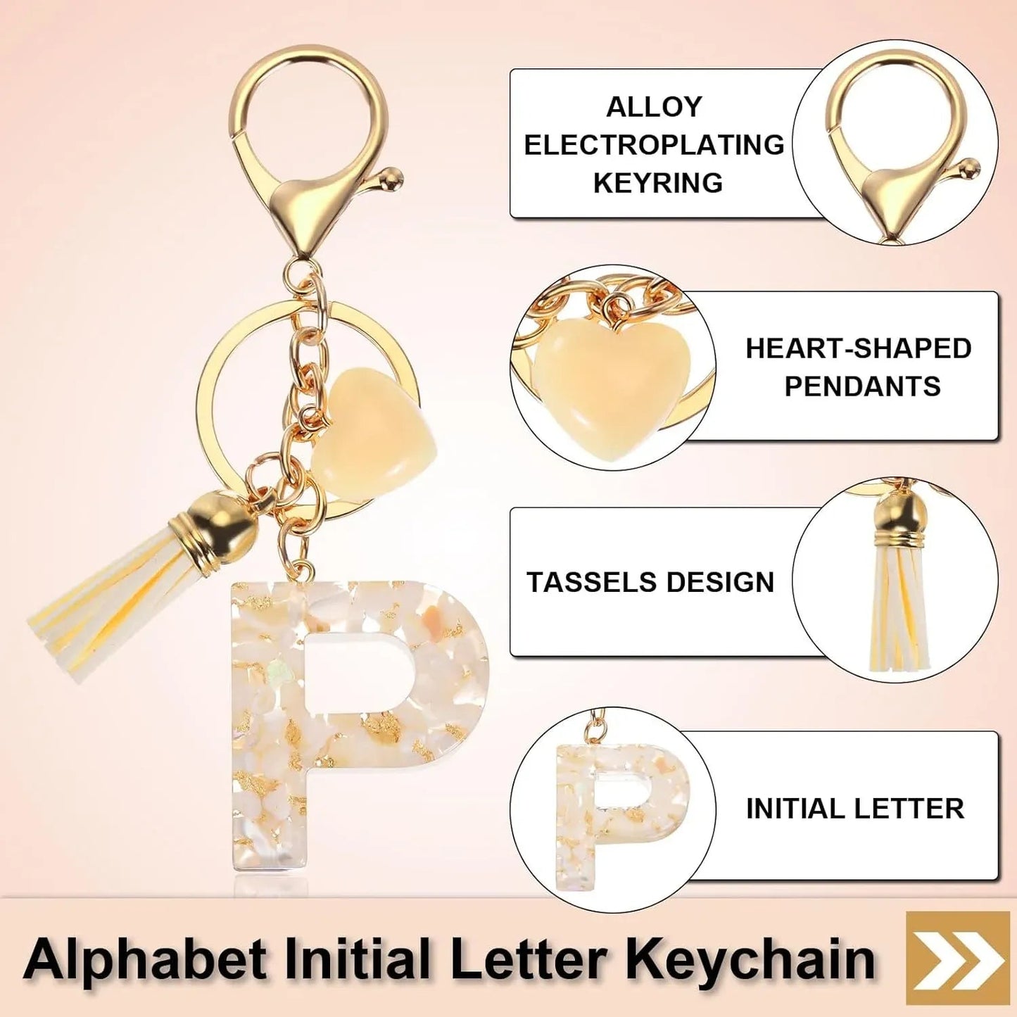 Initial P Letter Keychain, Resin Alphabet Key Ring with Tassel and Lobster Clasp for Bags Keys Purse, Gold White Kemu |Fashion Home Kitchen Beauty