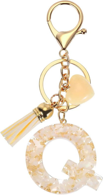 Letter Q Keychain with Tassel and Lobster Clasp, Marble Pattern Initial Bag Charm for Women, Cream Gold, Daily Comfort Use Kemu |Fashion Home Kitchen Beauty