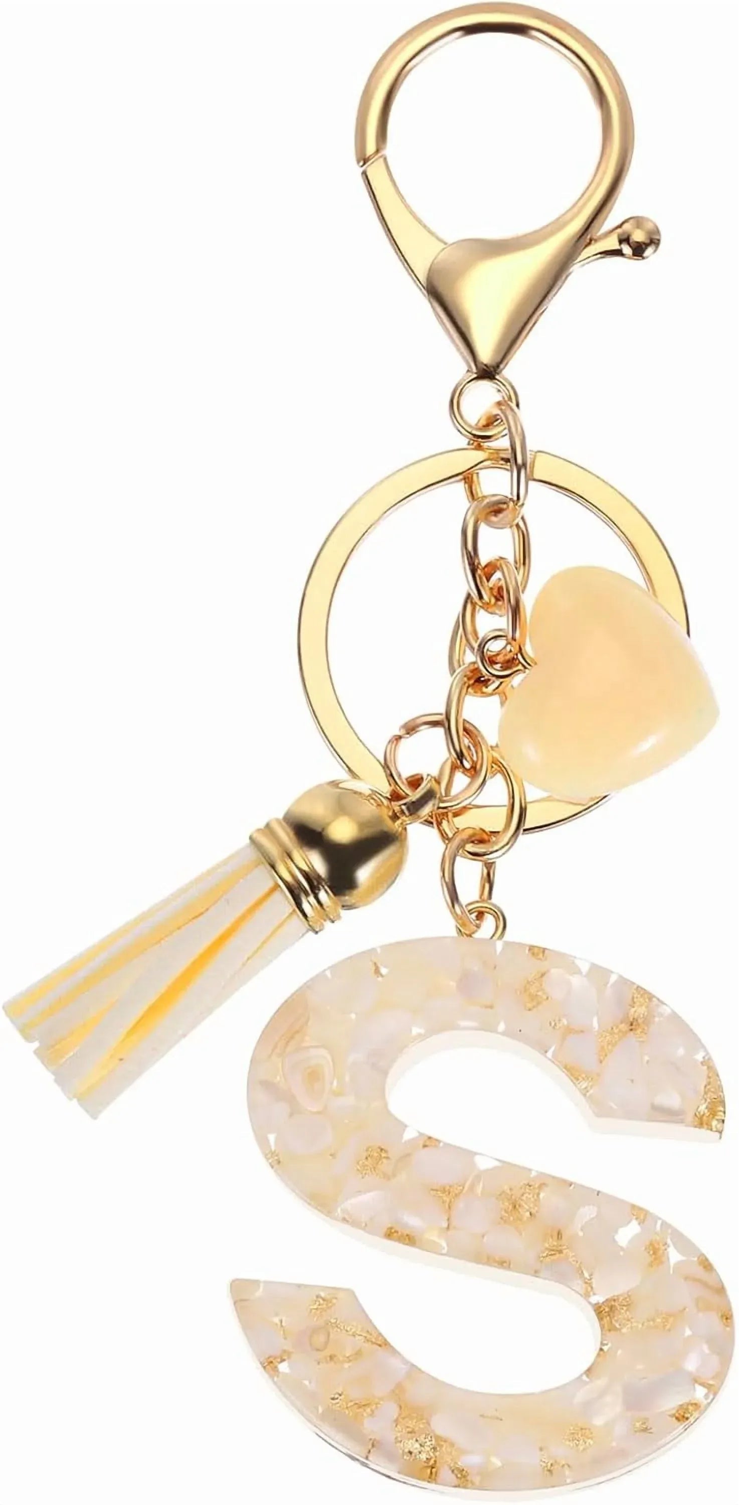 Initial Letter Keychain Charm, Resin Tassel Bag Pendant for Keys Handbag Backpack, Cream Gold S, Letter S Option Kemu |Fashion Home Kitchen Beauty
