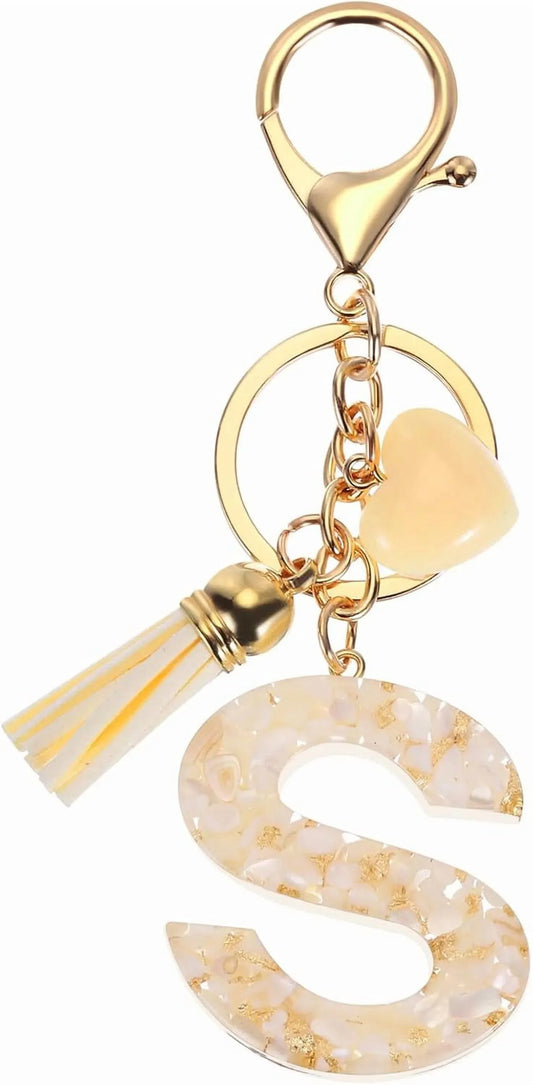 Initial Letter Keychain Charm, Resin Tassel Bag Pendant for Keys Handbag Backpack, Cream Gold S, Letter S Option Kemu |Fashion Home Kitchen Beauty