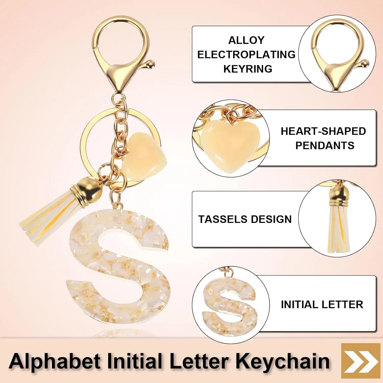Initial Letter Keychain Charm, Resin Tassel Bag Pendant for Keys Handbag Backpack, Cream Gold S, Letter S Option Kemu |Fashion Home Kitchen Beauty