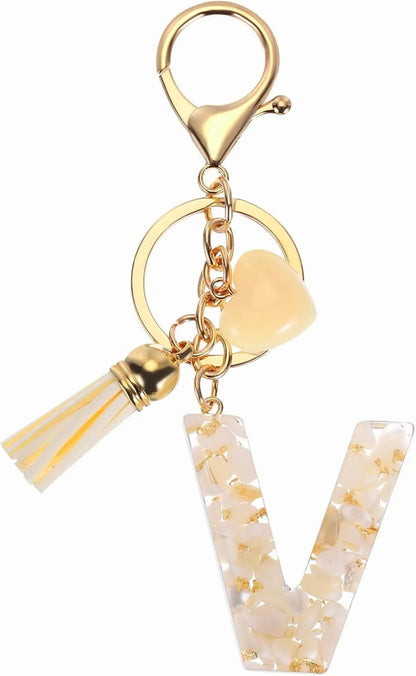 Floral Resin Letter V Keychain with Tassel and Lobster Clasp for Bag Purse Keys, Gold Tone Beige, Daily Comfort Use Kemu |Fashion Home Kitchen Beauty