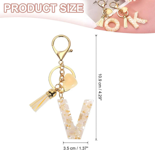 Floral Resin Letter V Keychain with Tassel and Lobster Clasp for Bag Purse Keys, Gold Tone Beige, Daily Comfort Use Kemu |Fashion Home Kitchen Beauty