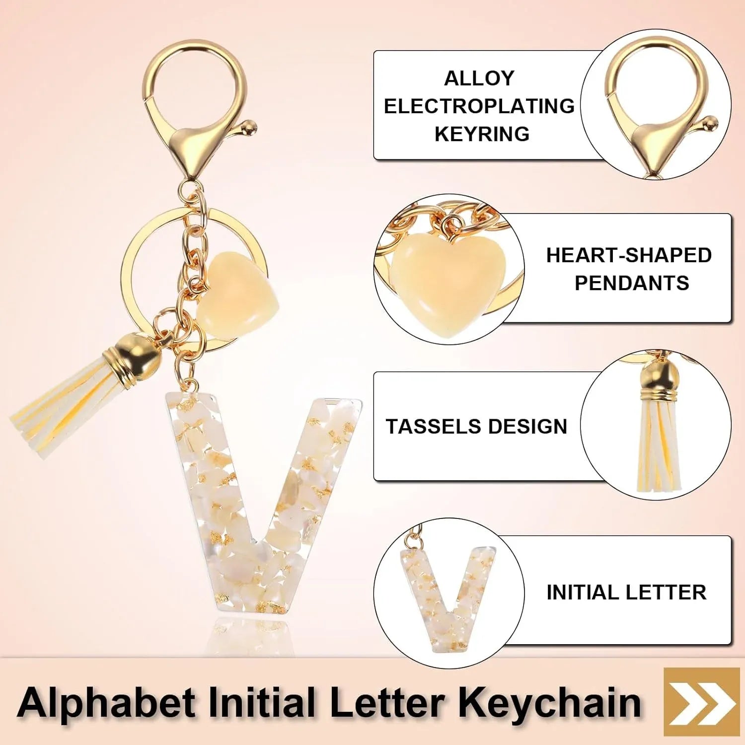 Floral Resin Letter V Keychain with Tassel and Lobster Clasp for Bag Purse Keys, Gold Tone Beige, Daily Comfort Use Kemu |Fashion Home Kitchen Beauty