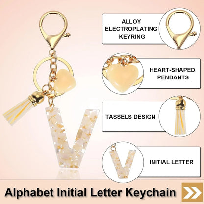 Floral Resin Letter V Keychain with Tassel and Lobster Clasp for Bag Purse Keys, Gold Tone Beige, Daily Comfort Use Kemu |Fashion Home Kitchen Beauty