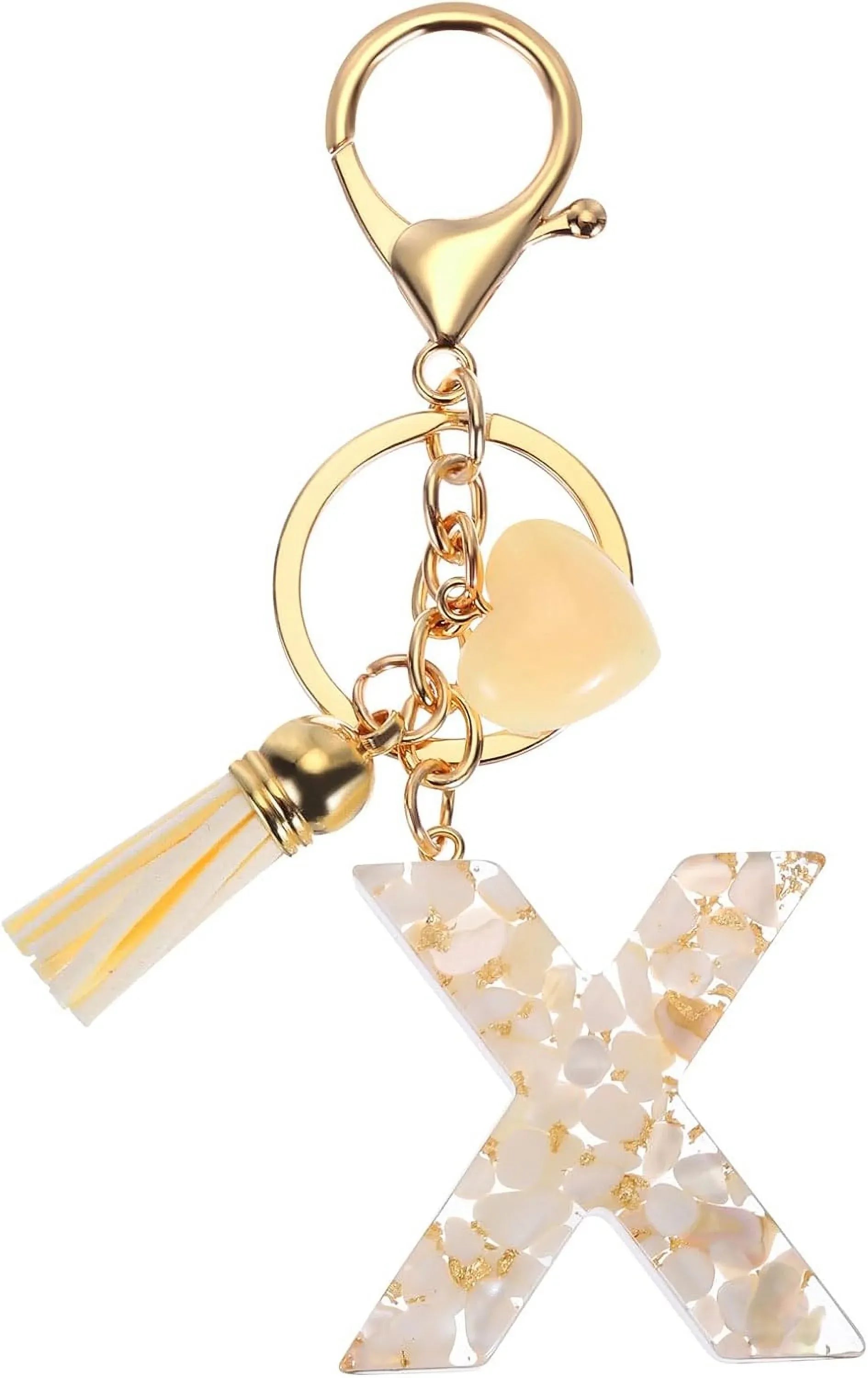 Letter X Keychain Charm with Tassel and Bead, Gold Tone Initial Bag Pendant for Keys and Handbags, Cream White Kemu |Fashion Home Kitchen Beauty