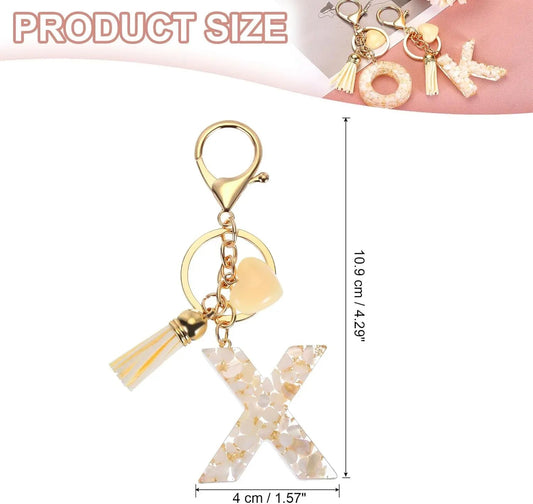 Letter X Keychain Charm with Tassel and Bead, Gold Tone Initial Bag Pendant for Keys and Handbags, Cream White Kemu |Fashion Home Kitchen Beauty