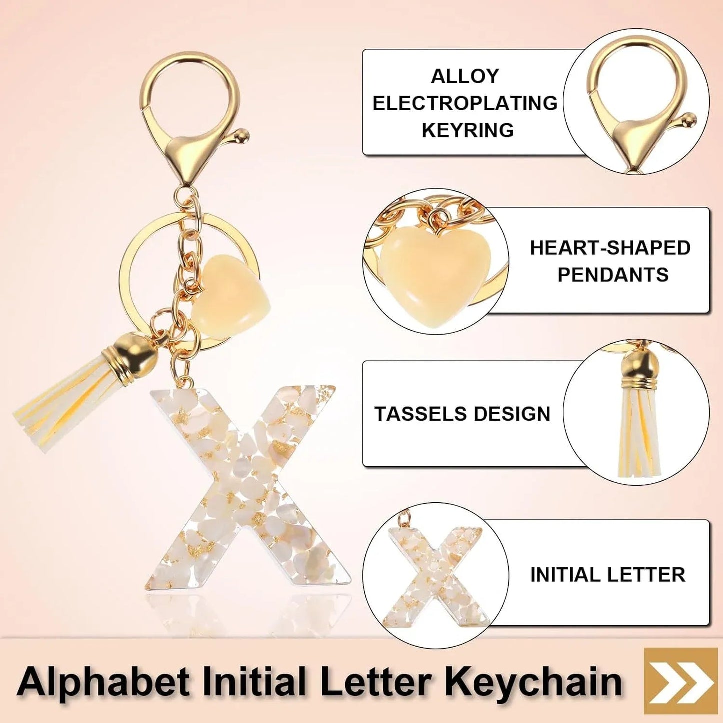 Letter X Keychain Charm with Tassel and Bead, Gold Tone Initial Bag Pendant for Keys and Handbags, Cream White Kemu |Fashion Home Kitchen Beauty