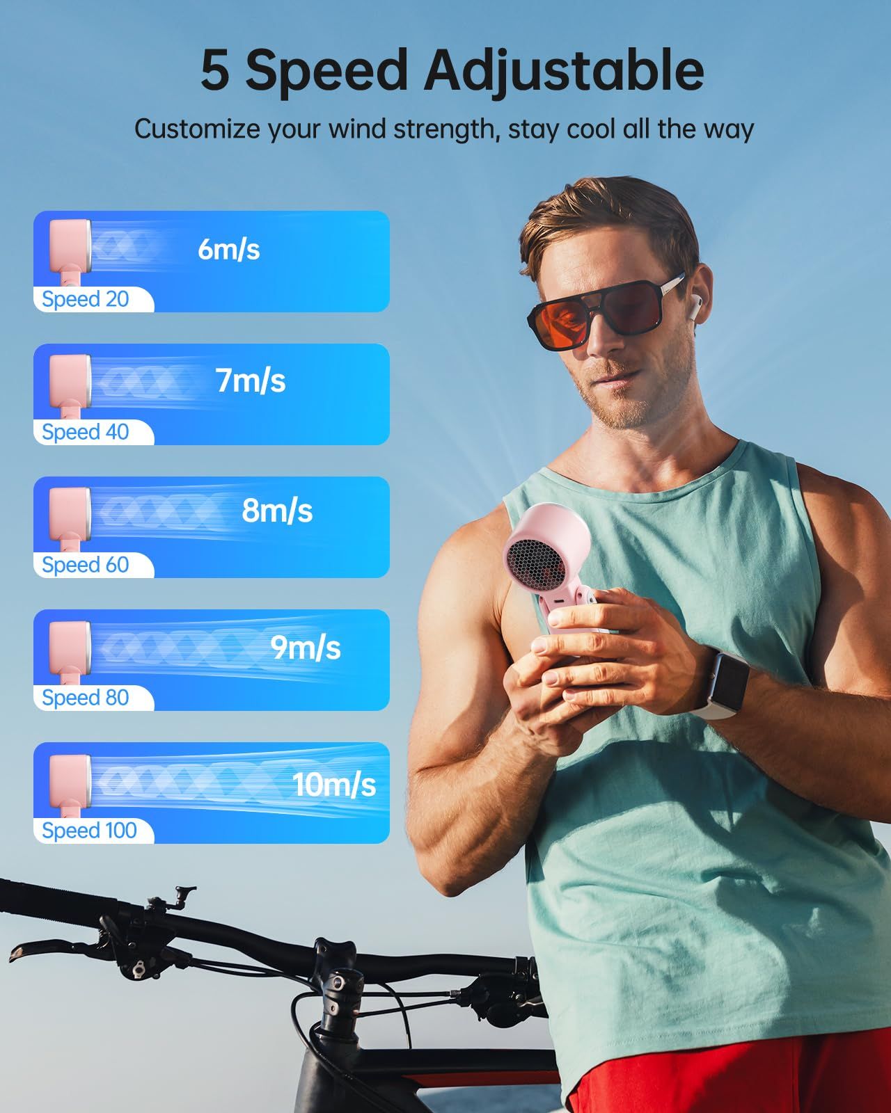 Portable Handheld Turbo Fan with Ice Cooling, 5 Speed Battery Rechargeable Foldable 2in 1 Mini Fan,Desk Fan, Quiet Personal Fans for Outdoor, Travel, Camping, Hiking, Working pink （16.8*5.3*4.7cm)