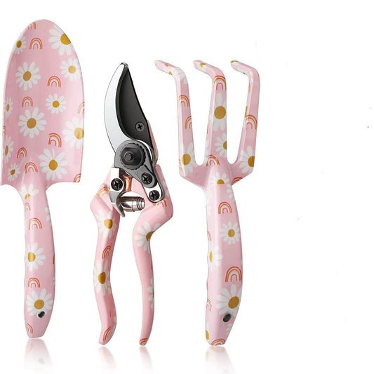 Garden Tool Set, 3PCS  Gardening Tools with Box Include Trowel, Rake, Pruner, Gloves, Pink, Gifts-Pink
