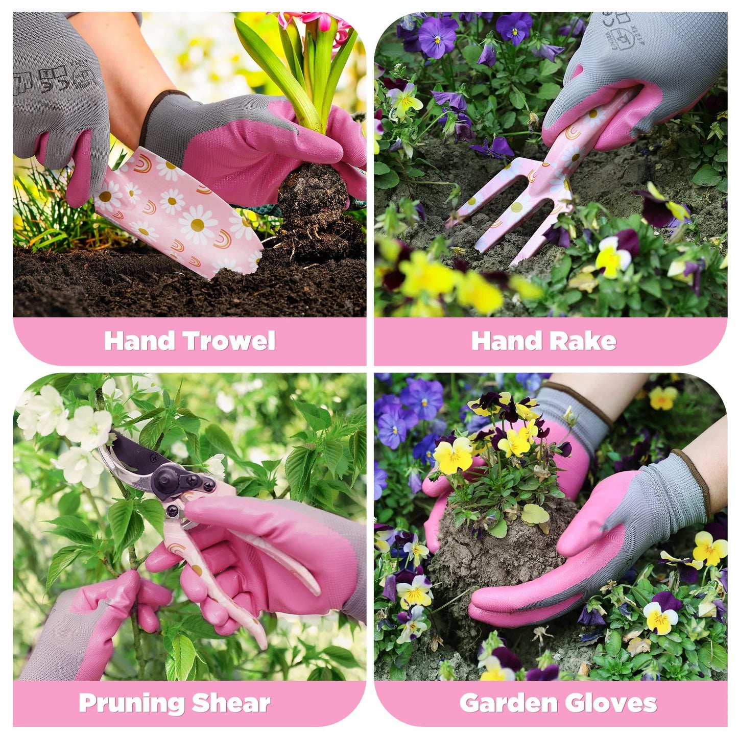 Garden Tool Set, 3PCS  Gardening Tools with Box Include Trowel, Rake, Pruner, Gloves, Pink, Gifts-Pink