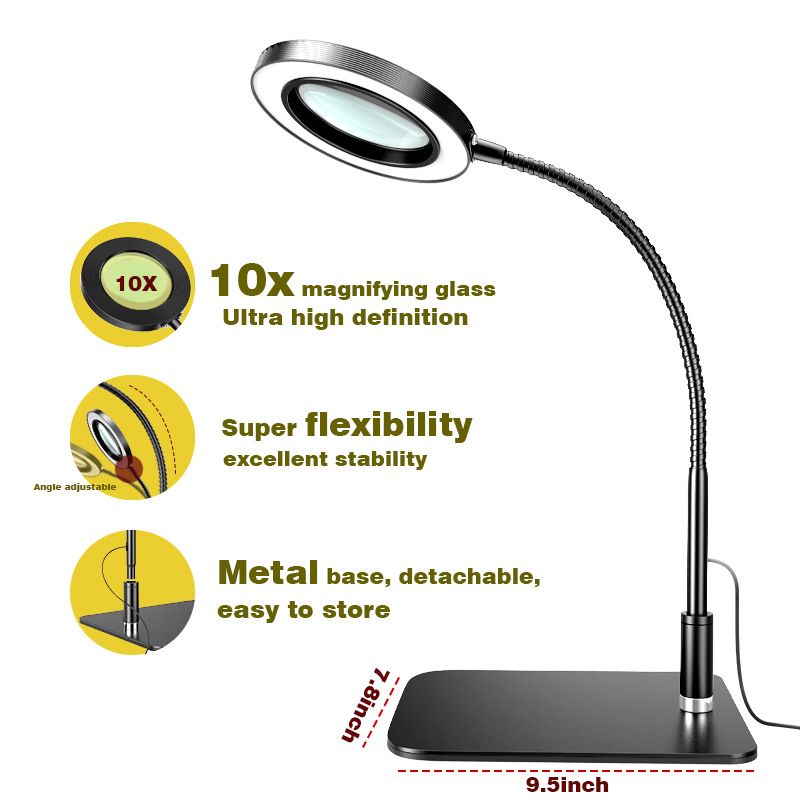 10X Desk Magnifying Glass with Light and Stand, Large Magnifying Lamp Magnifying Light for Crafts Hands Free, Upgrated Head Button Reading Magnifier for Books Sewing