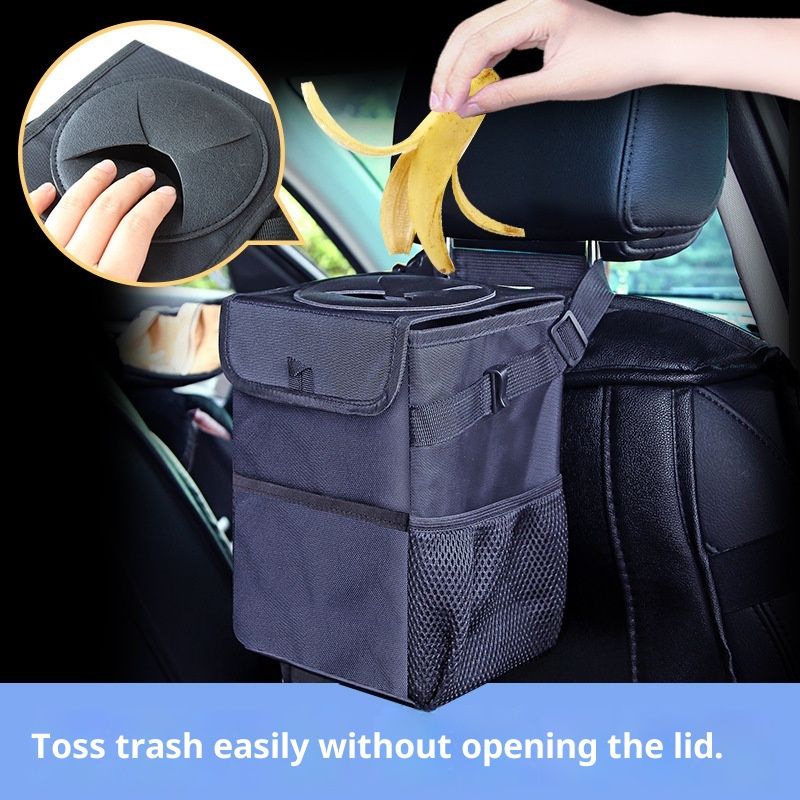 Car Garbage can with lid Leak Proof Vehicle Trash Can Storage Pockets Hanging Waterproof car Trash Bag for SUV Black