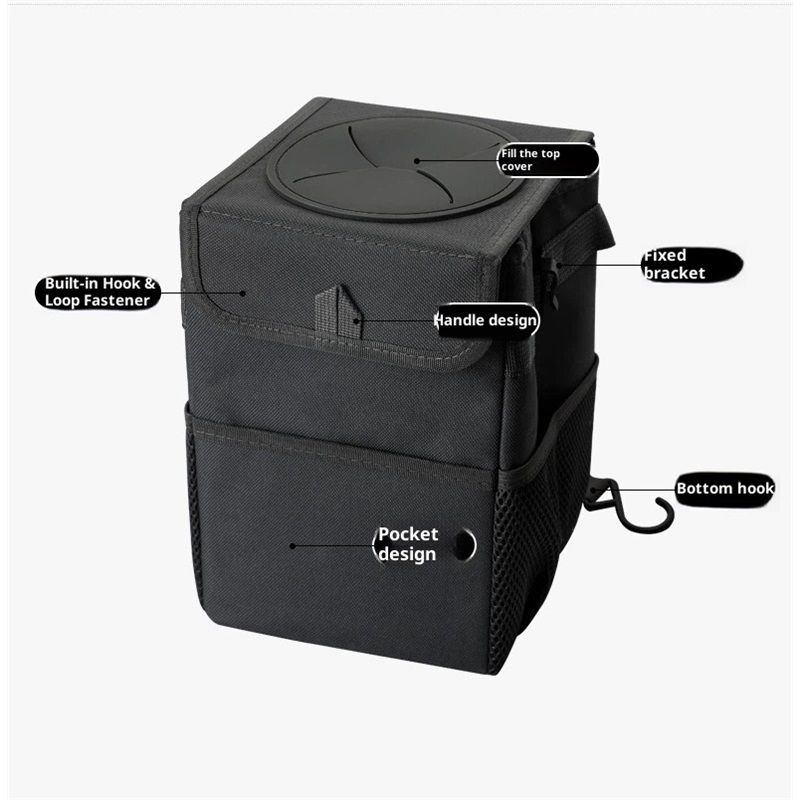 Car Garbage can with lid Leak Proof Vehicle Trash Can Storage Pockets Hanging Waterproof car Trash Bag for SUV Black