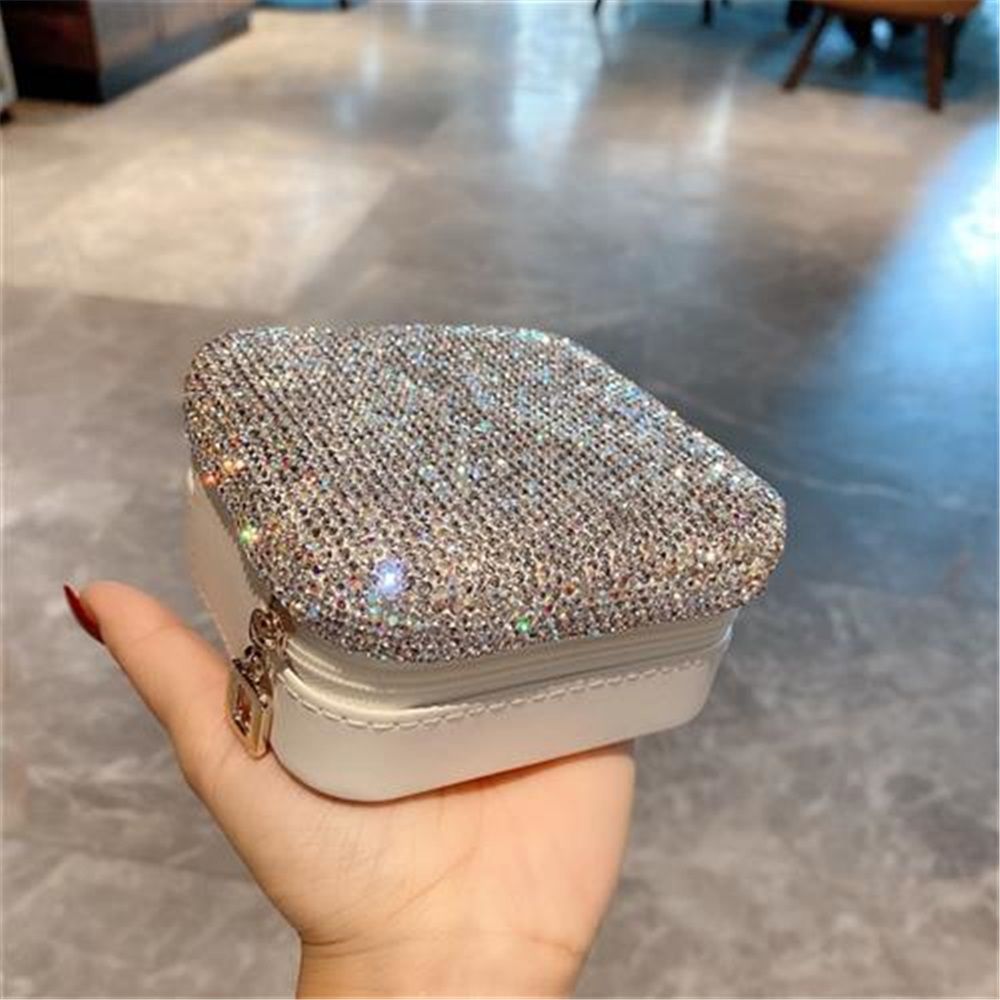 Luxury Rhinestone Jewelry Holder Pouch, Travel Portable PU leather Organizer Case w Compartments for Jewelry,Hair Pins