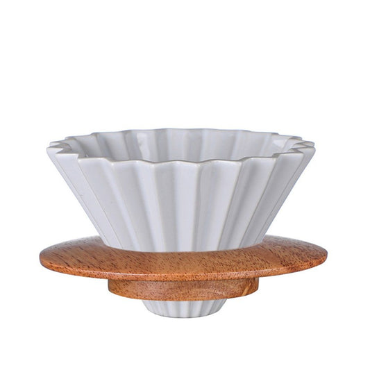 Ceramic Coffee Dripper Pour Over Coffee Maker with Wood Stand Elegant Flower Shape Filter,Slow Brewing Maker for Home Cafe Kemu |Fashion Home Kitchen Beauty