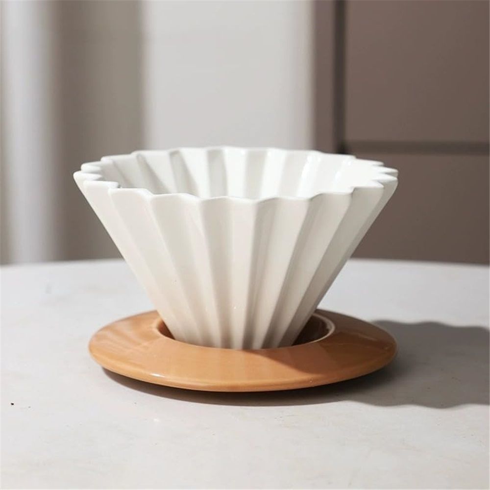 Ceramic Coffee Dripper Pour Over Coffee Maker with Wood Stand Elegant Flower Shape Filter,Slow Brewing Maker for Home Cafe Kemu |Fashion Home Kitchen Beauty