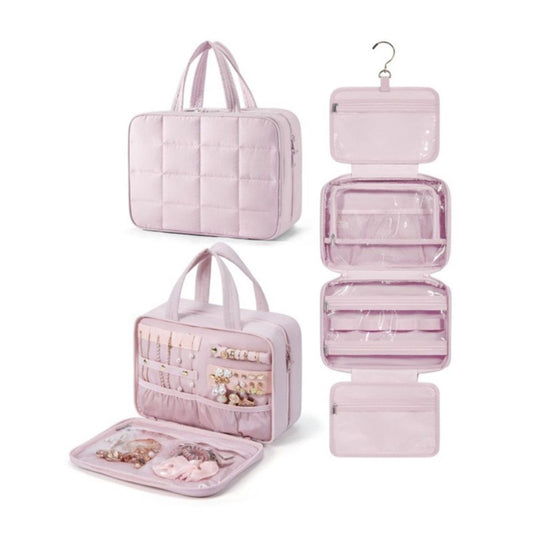 Travel Toiletry Bag with Jewelry Organizer, Hanging Travel Bag for Toiletries, Puffy Makeup Cosmetic Bag Organizer, Carry-on Travel Accessories Essentials, pink（27.9*18.8*12CM） Kemu |Fashion Home Kitchen Beauty
