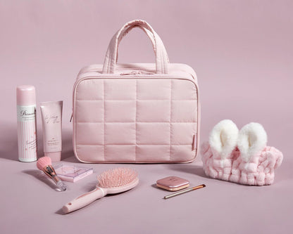 Travel Toiletry Bag with Jewelry Organizer, Hanging Travel Bag for Toiletries, Puffy Makeup Cosmetic Bag Organizer, Carry-on Travel Accessories Essentials, pink（27.9*18.8*12CM）