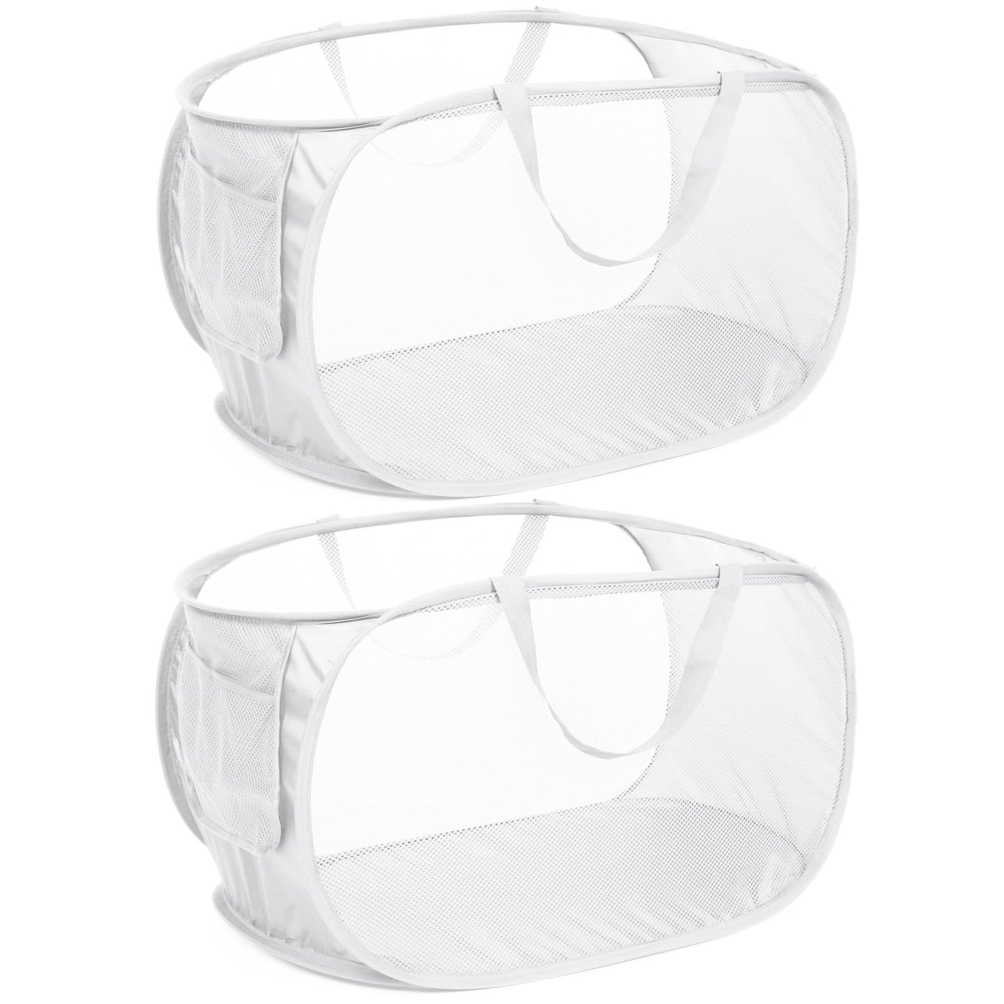 Collapsible Laundry Hamper with Side Pocket, Foldable Clothes Hamper with Durable Reinforced Handles for Laundry, Bathroom, Kids Room, Dorm or Travel 2 Pack White