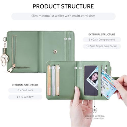 Slim Wallet for Women,Blocking Bifold Credit Card Holder with Zipper Coin Pocket,ID Window,Keychain（Green） Kemu |Fashion Home Kitchen Beauty