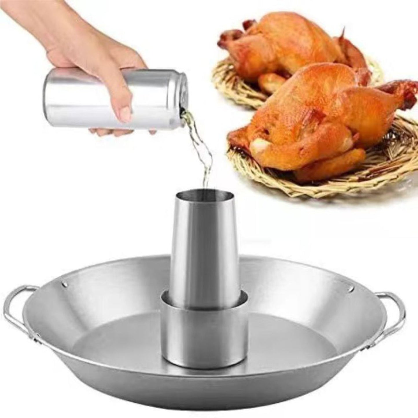 Beer Can Chicken Holder, 12 Inch Stainless Steel Grill, BBQ Roaster Cooker Stand Vertical Grilling Accessories Rack for Vegetables Basket Large Size Round Pan