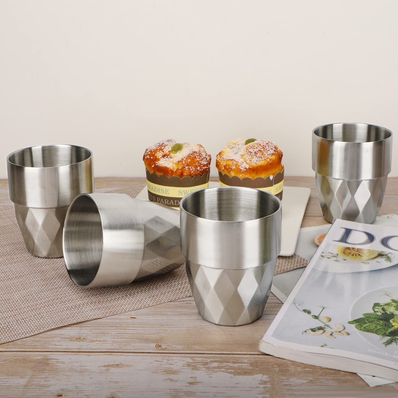 Stainless Steel Cup, 10 oz/300ml Set of 4 Stackable Stainless Steel Insulated Cups, Small Metal Cup Double Wall Tumbler Vacuum Metal Drinking Glasses for Home Restaurant Outdoors Camping Party Kemu |Fashion Home Kitchen Beauty