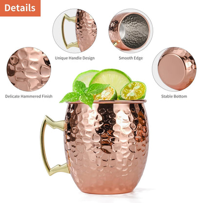 Set of 4, 17 OZ Hammered Copper Cups with 304 Stainless Steel Lining and Gold Brass Handles, for Cold Drinks, Beer, Wine, Bars, Parties Kemu |Fashion Home Kitchen Beauty