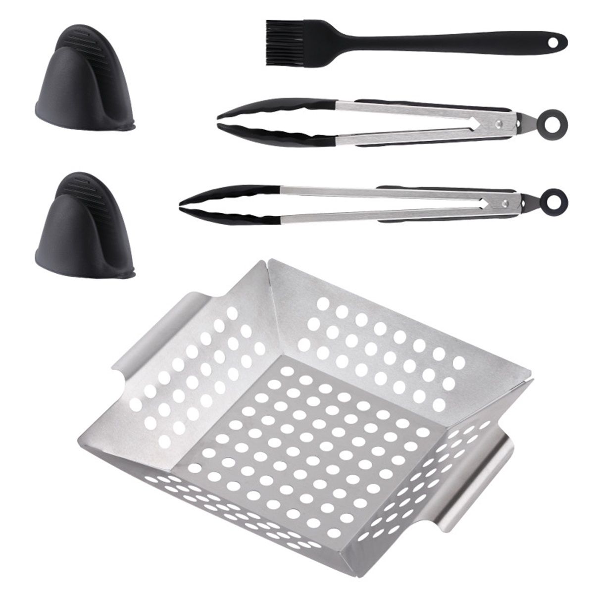 Grill Basket, Stainless Steel Grilling Basket, BBQ Grill Basket Wok  for Vegetable, Kabobs, Shrimps, Heavy Duty Stainless Steel Grilling Accessories for All Grills, Dishwasher Safe