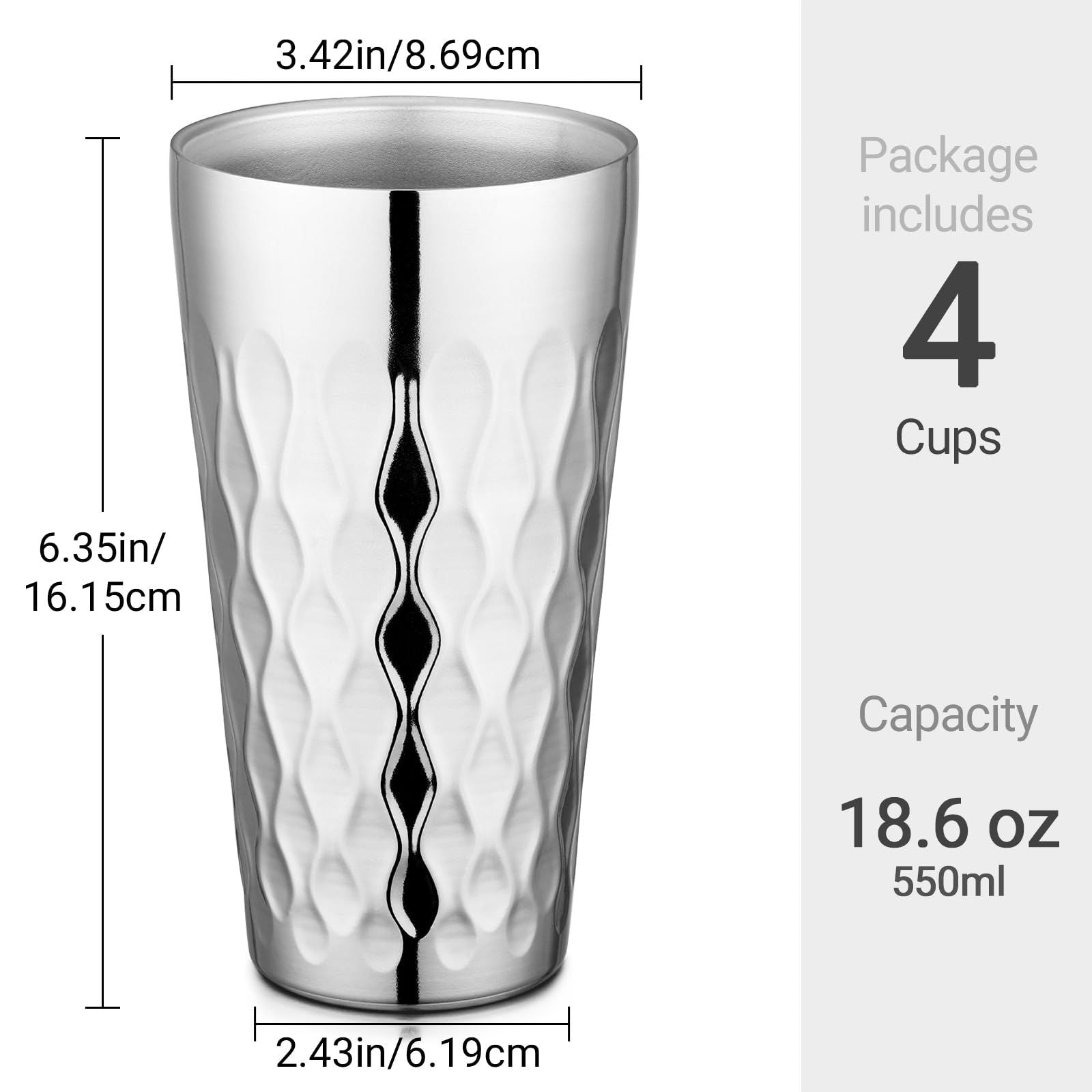 Stainless Steel Cups 19 oz, 4 Pack Large 18.6oz 550ml Stainless Steel Drinking Cups Tumbler Stackable Double Wall Insulated Individual Metal Pint  Tin for Home Party Camping Kemu |Fashion Home Kitchen Beauty
