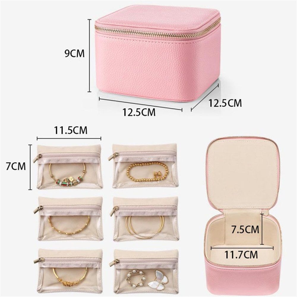 Travel Jewelry Box Organizer - 6 Small Zipped Pouches Pockets for Jewelries Necklaces Rings Earrings Sorting Storage,  Pink