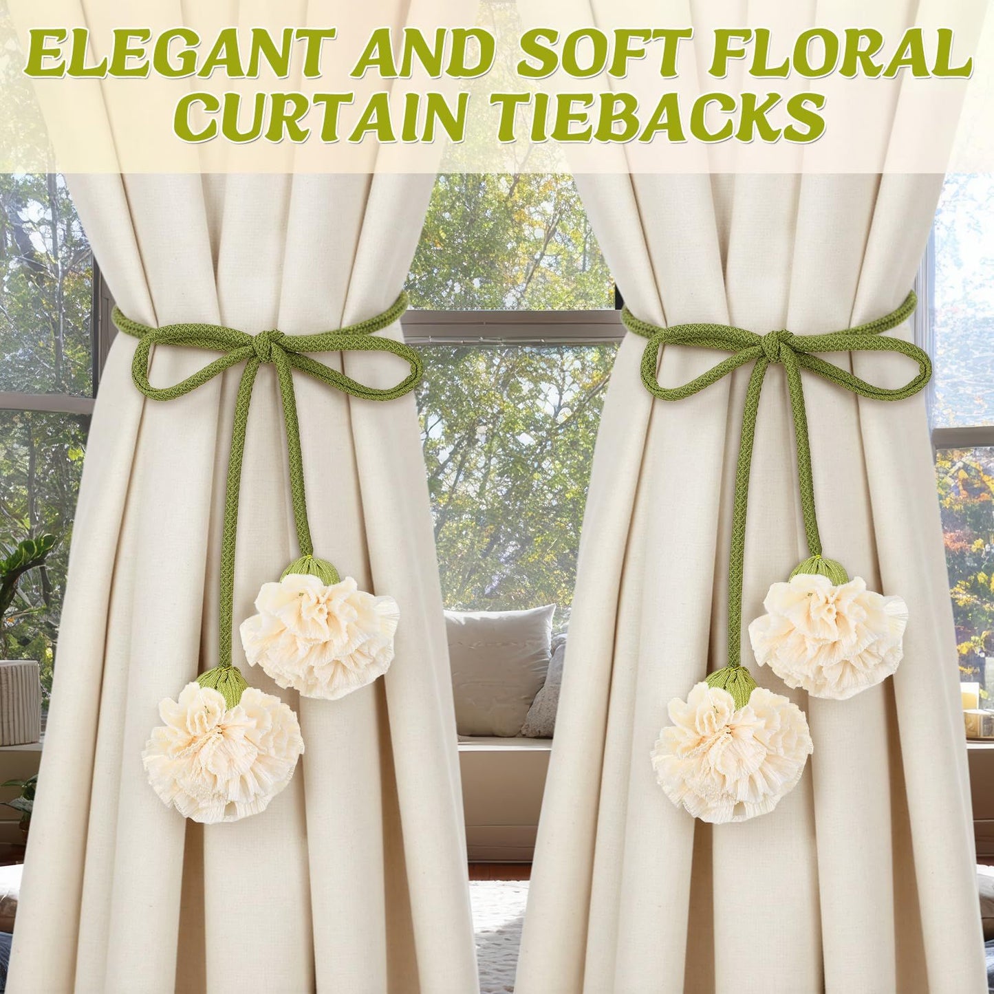 4 Pack Boho Handmade Flower Curtain Tiebacks Curtain Holdbacks - No Drill Rope Curtain Holder, Drapery Holdback Decorative Pull Backs for Nursery & Bedroom Decor (2, Lily of The Valley) Kemu |Fashion Home Kitchen Beauty