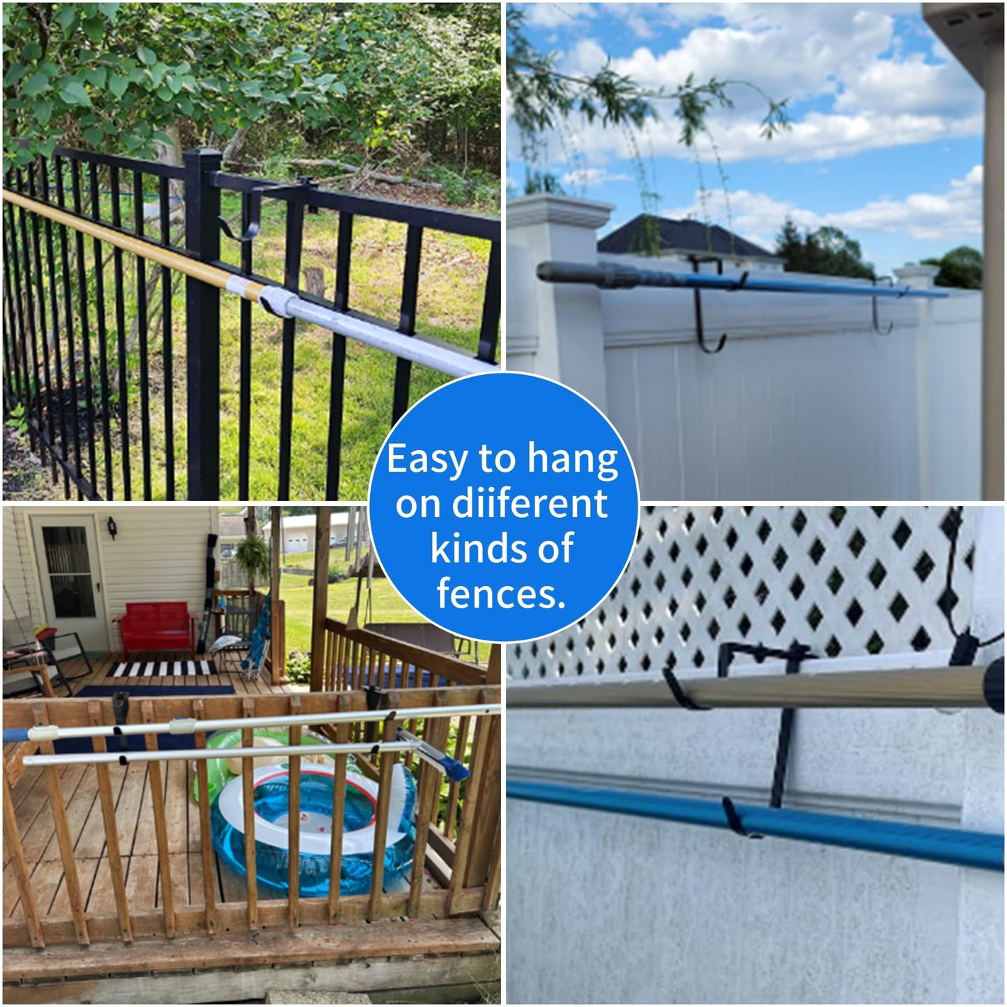 Heavy Duty Pool Pole Hangers - Adjustable Hooks for Poles, Hoses, Skimmers - Black Fence Hooks for Hanging Swimming Pool Accessories - Garden Tools (2 Pack)