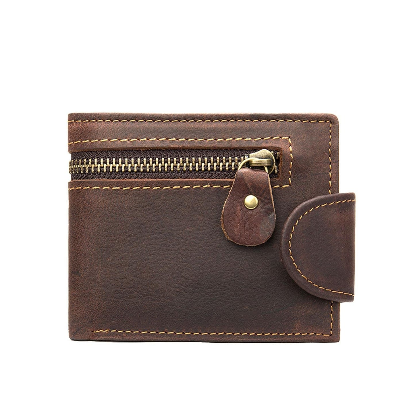 Leather Snap Wallet for Men, Multifunctional Large Capacity Vintage Wallet Bifold Zipper Wallet Men Short Head Cowhide Wallet (Brown) Kemu |Fashion Home Kitchen Beauty