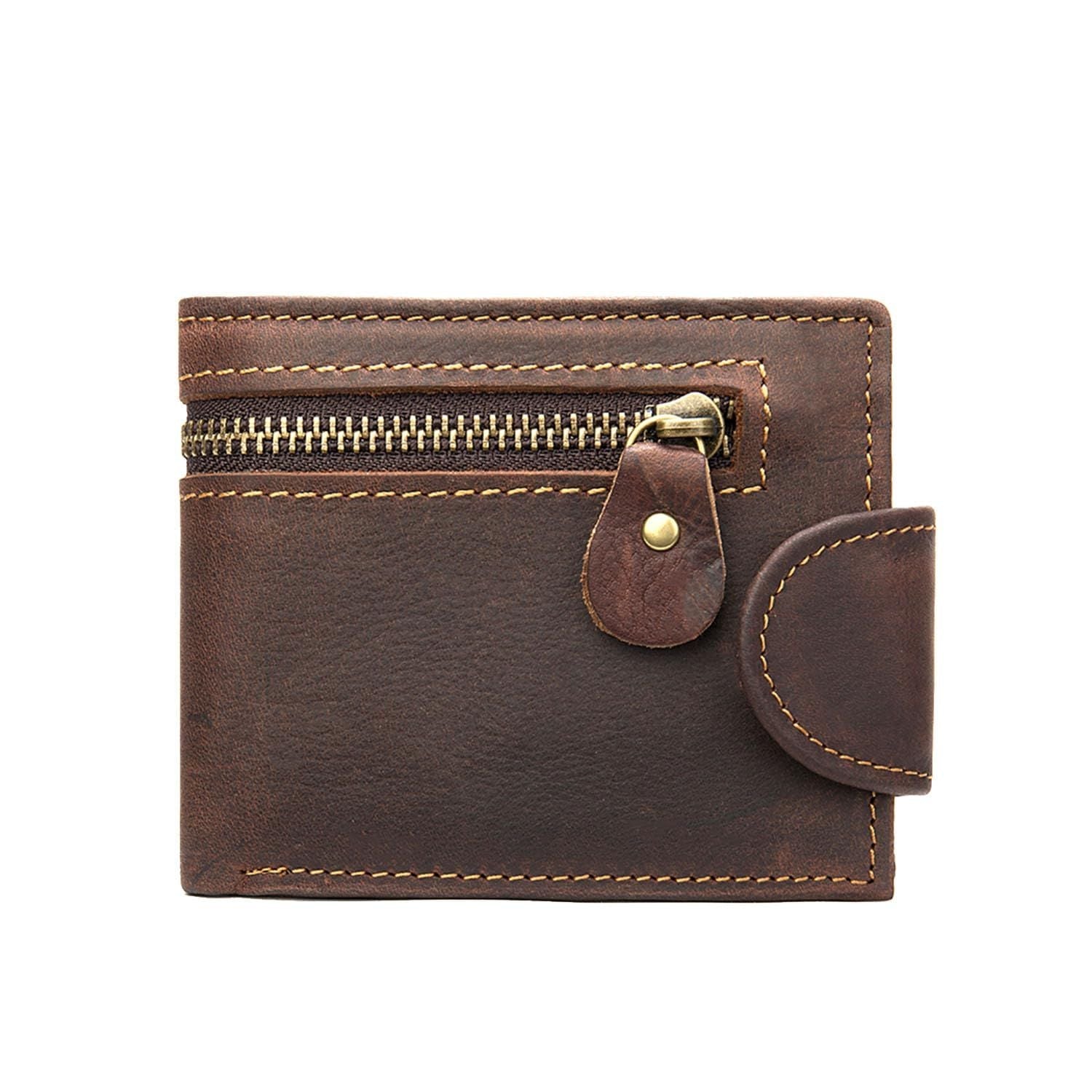 Leather Snap Wallet for Men, Multifunctional Large Capacity Vintage Wallet Bifold Zipper Wallet Men Short Head Cowhide Wallet (Brown) Kemu |Fashion Home Kitchen Beauty