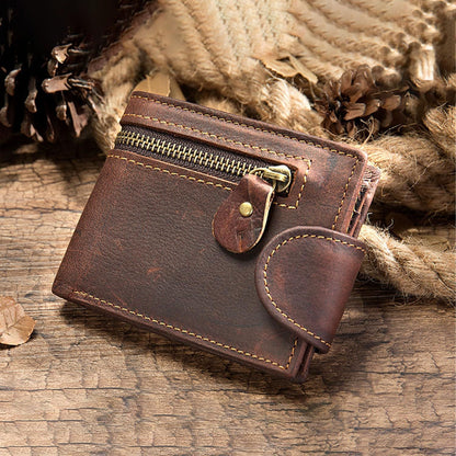 Leather Snap Wallet for Men, Multifunctional Large Capacity Vintage Wallet Bifold Zipper Wallet Men Short Head Cowhide Wallet (Brown) Kemu |Fashion Home Kitchen Beauty