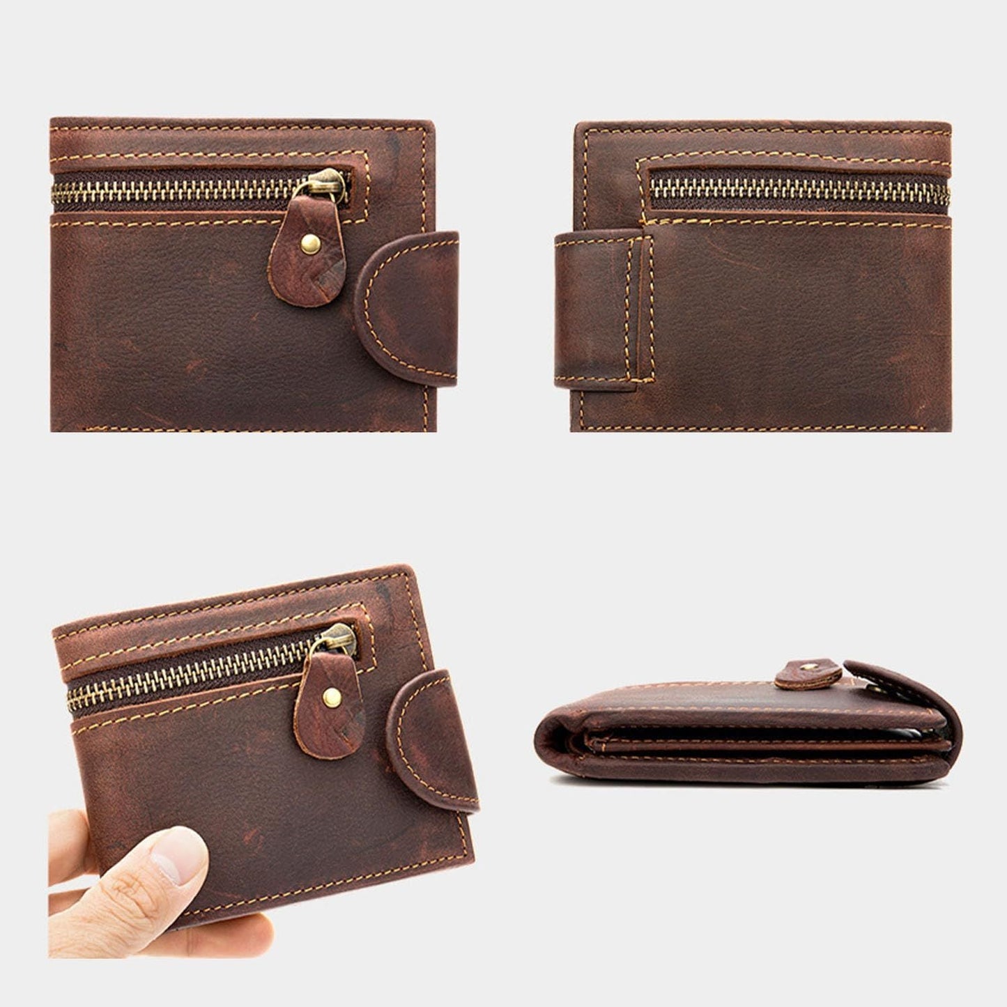 Leather Snap Wallet for Men, Multifunctional Large Capacity Vintage Wallet Bifold Zipper Wallet Men Short Head Cowhide Wallet (Brown) Kemu |Fashion Home Kitchen Beauty