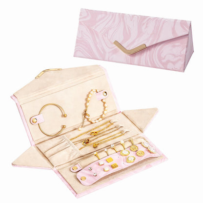 Travel Jewelry Case for Women Girls, Triangle Jewelry Box Organizer, Small Foldable Storage Holder for Necklaces Earrings Rings Bracelets（pink）