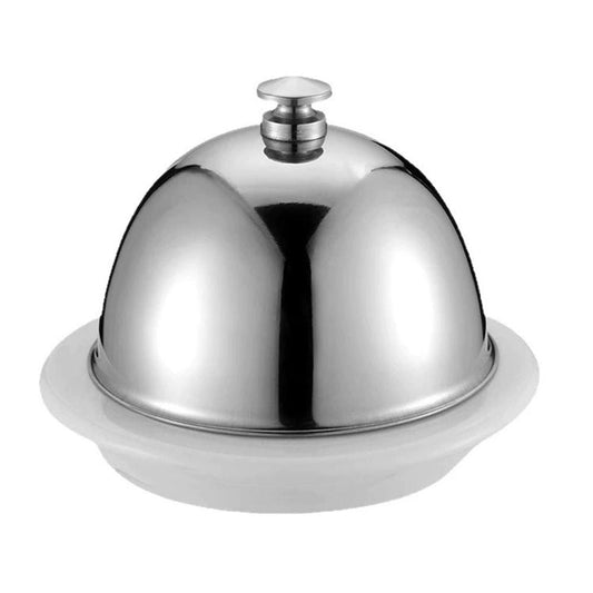 Ceramic Butter Dish with Stainless Dome Cover, Cheese Dish with Lid, Small Cheese Plate Serving Tray with Silver Handled Lid for Countertop, Dessert, Cupcake Kemu |Fashion Home Kitchen Beauty