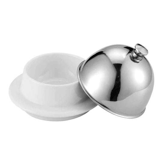 Ceramic Butter Dish with Stainless Dome Cover, Cheese Dish with Lid, Small Cheese Plate Serving Tray with Silver Handled Lid for Countertop, Dessert, Cupcake Kemu |Fashion Home Kitchen Beauty